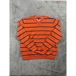 Tommy Hilfiger Mens XL V-Neck Sweater Orange Navy Blue Striped Pullover Knit